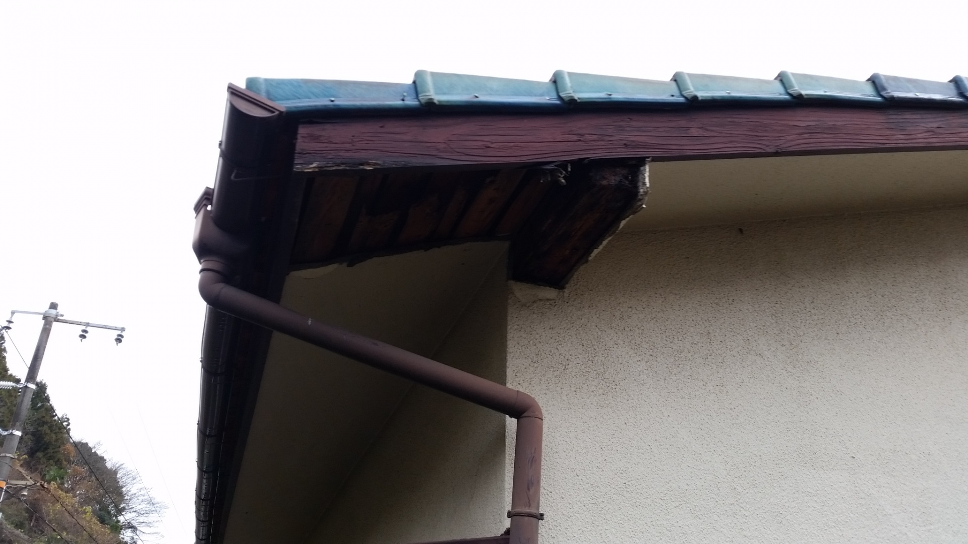 屋根の軒天部の剥がれ落ちたモルタル