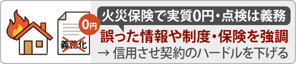 「火災保険で実質0円・点検は義務」など誤った情報や制度・保険を強調するのは信用させ契約のハードルを下げるため