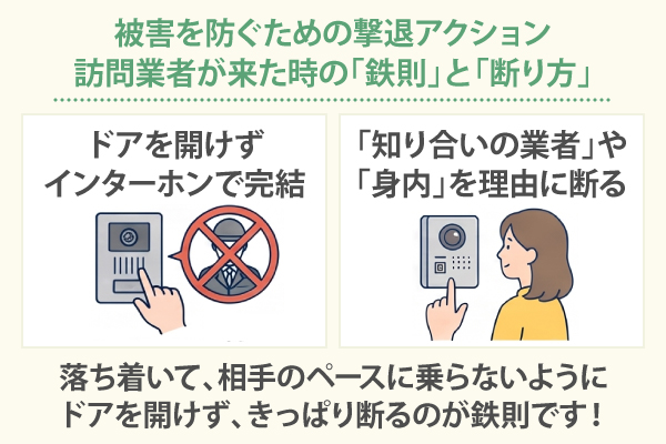被害を防ぐための撃退アクションとして「ドアを開けずインターホンで完結」「知り合いの業者」や「身内」を理由に断る、が鉄則です
