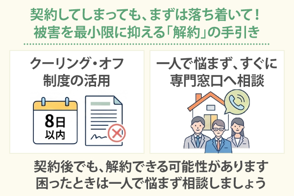 被害を最小限に抑える「解約」の手引きとして、クーリング・オフ制度の活用など、一人で悩まず、すぐに専門窓口へ相談しましょう